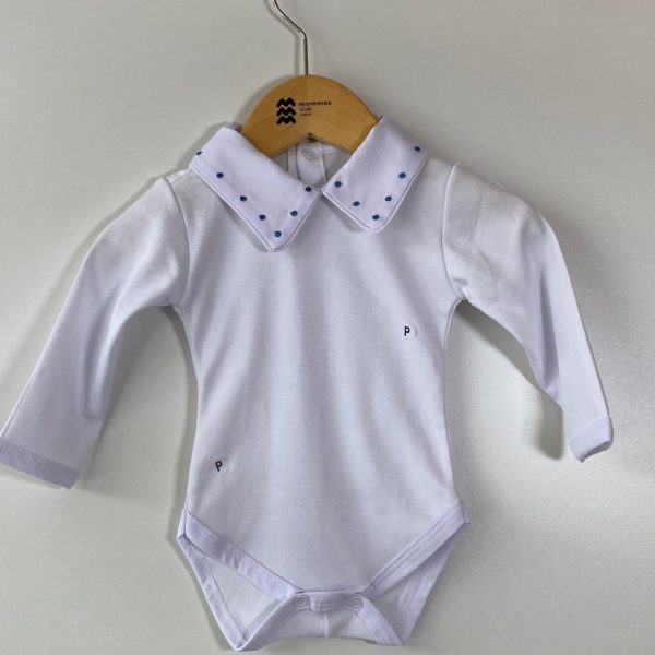 Body gola bordada poá azul jeans