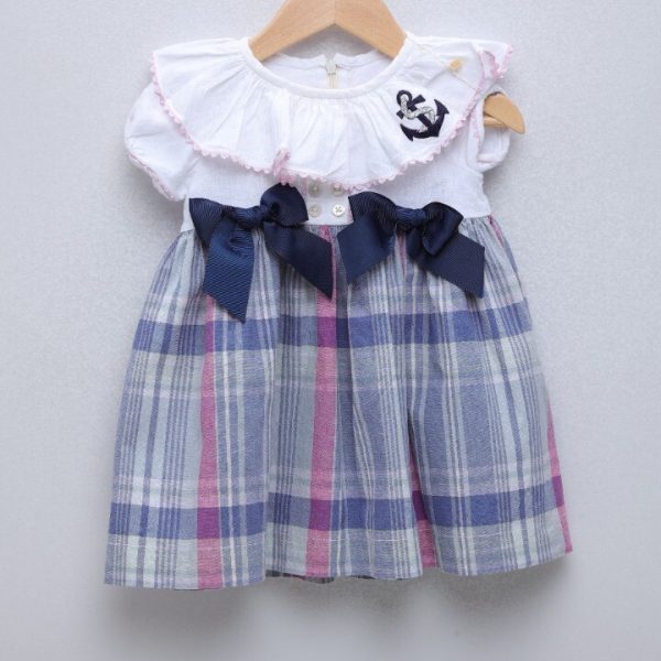 Vestido de linho xadrez c/ laço marinho